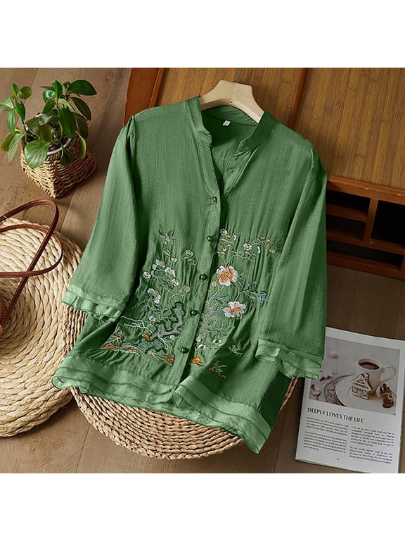 Women's Summer Retro Embroidered 3/4 Sleeve Cotton Linen Tops Loose Boho Peasant Gauze Blouses Beach Vacation Dressy Casual Shirts Green XL