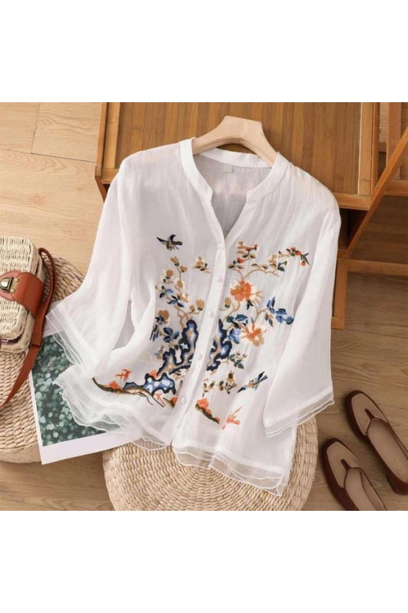 Women's 2026 Summer Retro Embroidered 3/4 Sleeve Cotton Linen Tops Loose Boho Peasant Gauze Blouses Beach Vacation Dressy Casual Shirts White M