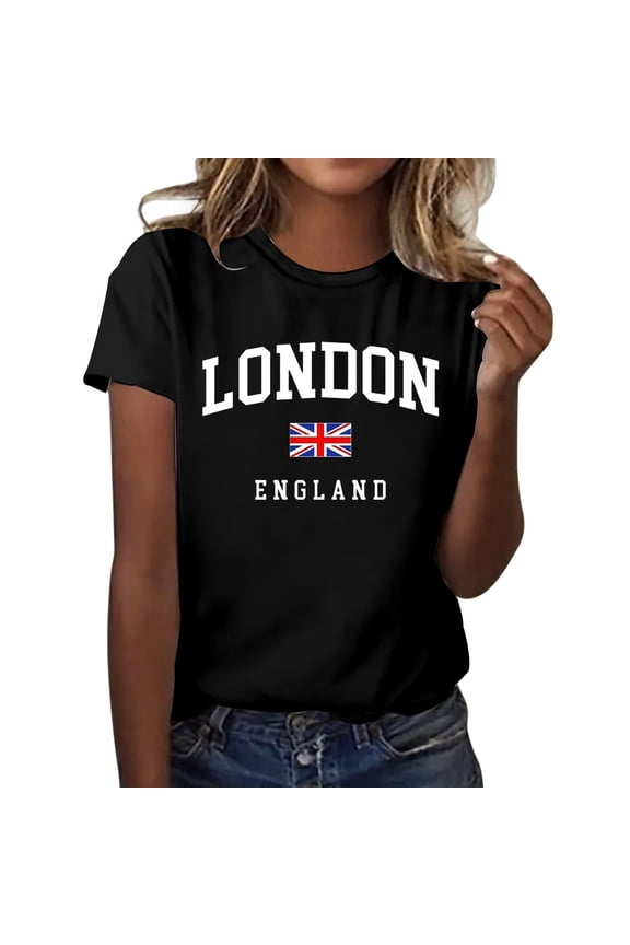 Women's 2026 Summer T Shirts Loose Fit Graphic Print Short Sleeve Comfy Round Neck Cute Trendy Casual Tops Black M