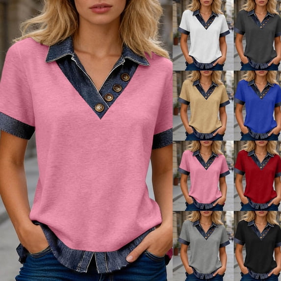 Womens Tops 2026 Short Sleeve Shirts Knit Top Contrast Collar Casual Comfort Stretch Blouse Fashion Trendy Clothes