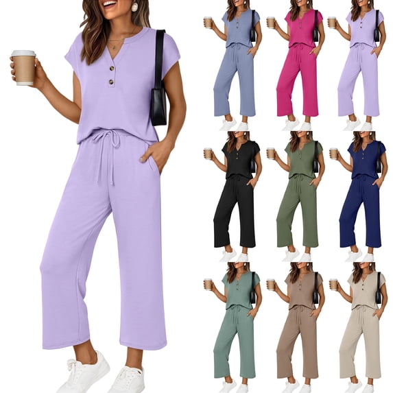 Women's 2026 Summer Two Piece Outfit Short Sleeve Henley Top & High Waist Wide Leg Pants Set Casual Vacation Tracksuit Lightweight Breathable Light Purple XL