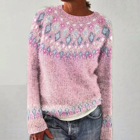 Women's Vintage Argyle Striped Knitted Sweaters Loose Long Sleeve Crewneck Pullover Casual Fall Winter Daily Tops Pink 2XL