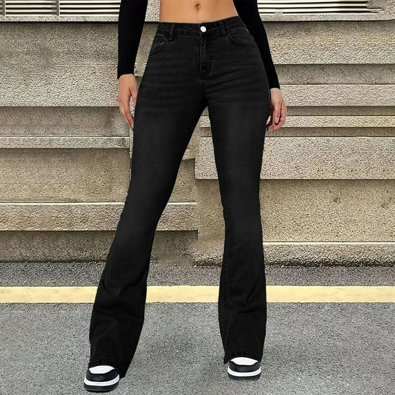 Women's 2026 Vintage Wash Jeans, Classic Straight Leg Denim Pants, High Waist Solid Color Jeans for Casual Wear, Retro Fashion and Daily Outfits Black M