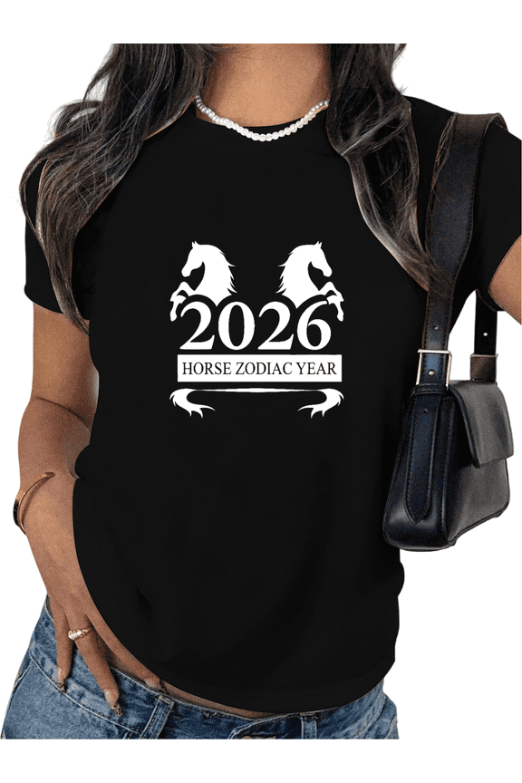 Women's 2026 White Logo Year Of The Horse Zodiac Printed Washed Cotton Crew Neck T Shirt Black S-5XL