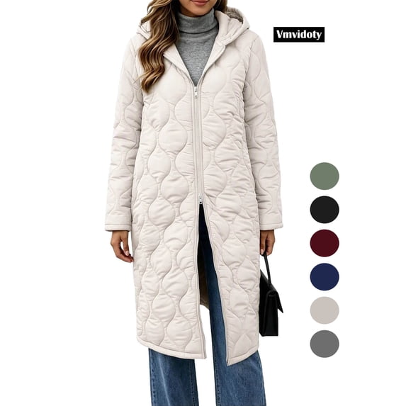 Women's 2026 Winter Lightweight Quilted Puffer Hooded Jacket Overcoat Plus Size Lightweight Quilted Midi Long jackets for Women Beige XL