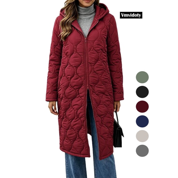 Women's 2026 Winter Lightweight Quilted Puffer Hooded Jacket Overcoat Plus Size Lightweight Quilted Midi Long jackets for Women Wine L