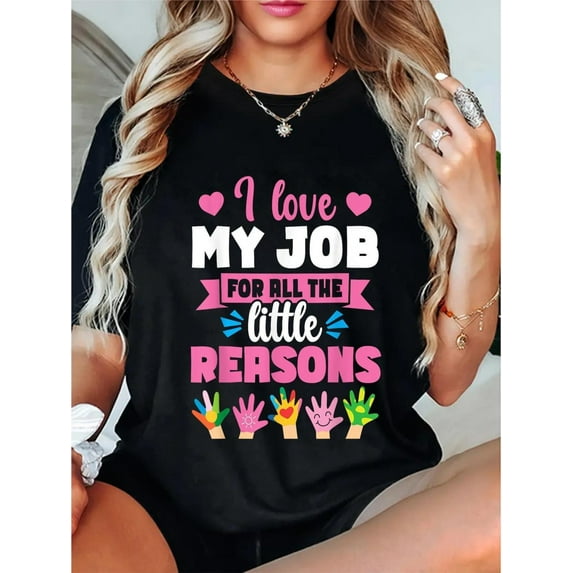 Women's 220g Casual Short Sleeve T-Shirt - "I Love My Job" Colorful Letter & Handprint Graphic Tee, Round Neck hine-Washable Top for Teachers, Daycare, Nursery Providers