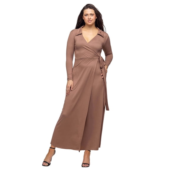 V Neck Collared Belted Wrap Maxi Dress