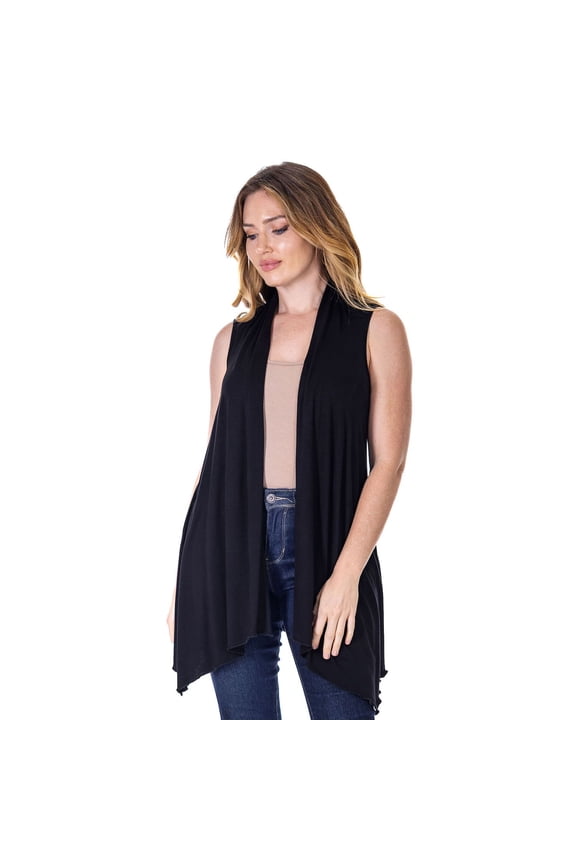 Women's 24Seven Comfort Apparel Draped Open Front Sleeveless Cardigan Vest Color: Black Size: 1X