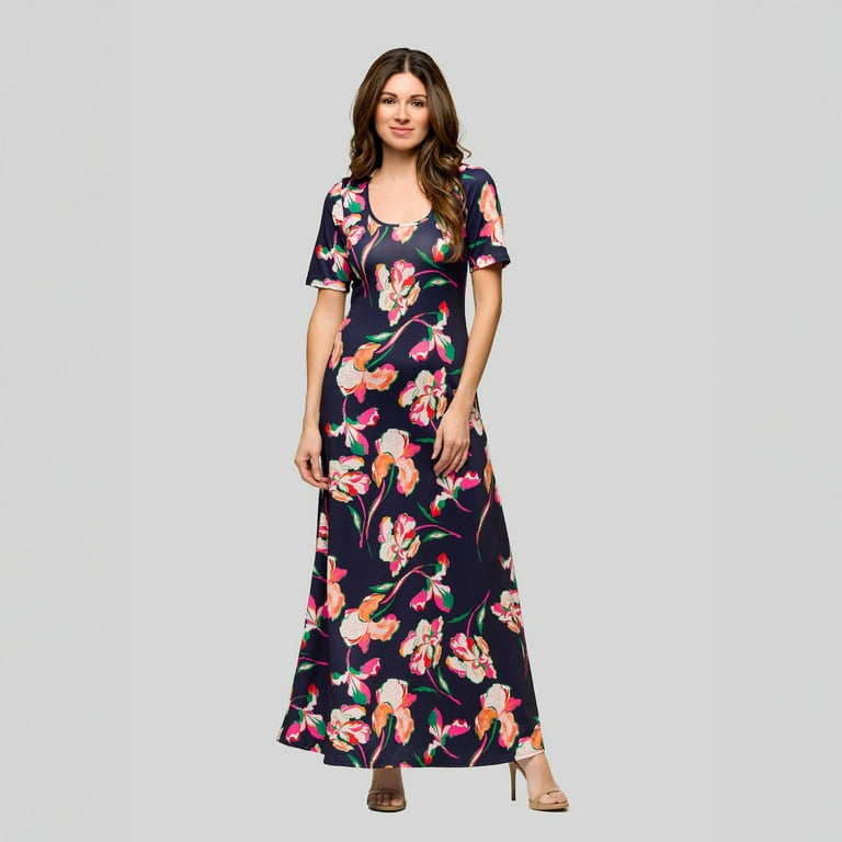 24seven Comfort Apparel Women's Navy Floral Print Elbow Sleeve Casual A Line Maxi Dress - Navy Multi - XL