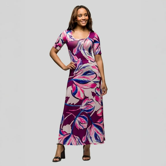 Women's 24Seven Comfort Apparel Elbow Sleeve Casual A Line Maxi Dress Color: Pink Multi Size: MEDIUM
