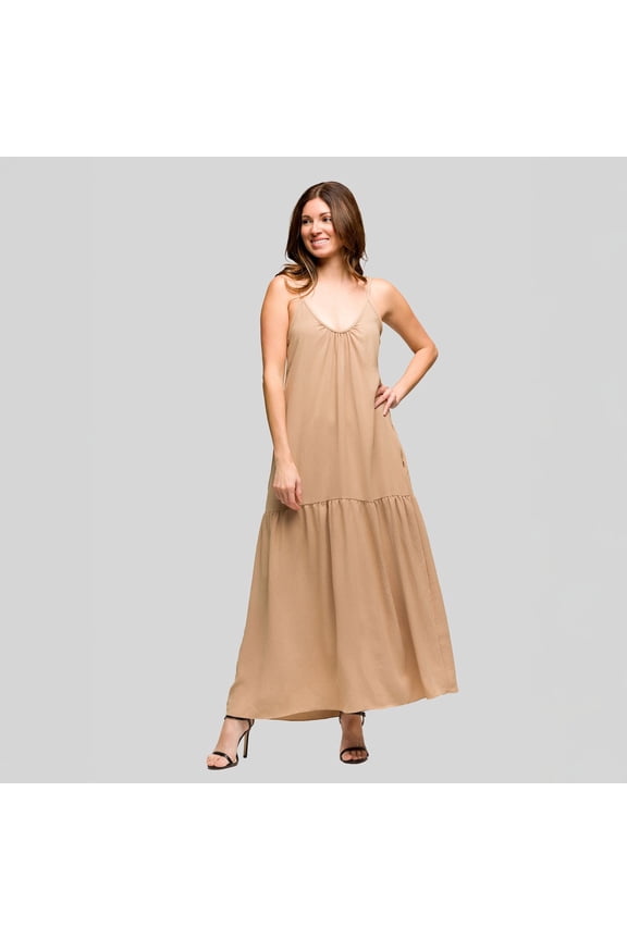 Women's 24Seven Comfort Apparel Lightweight Spaghetti Strap Pocket Maxi Dress Color: Beige Size: LARGE