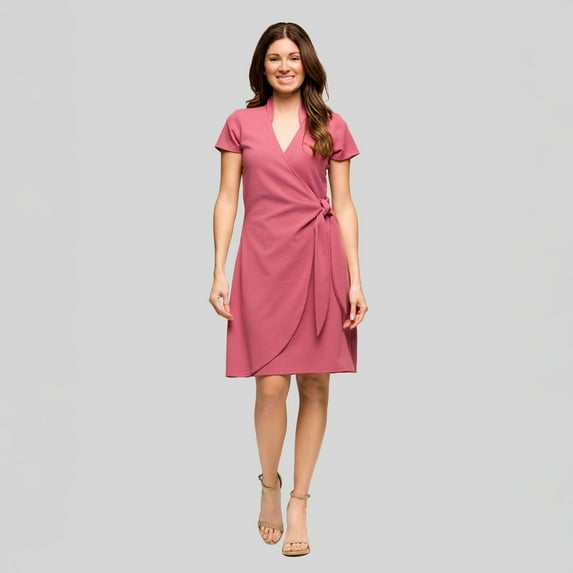 Women's 24Seven Comfort Apparel Mandarin Collar Midi Wrap Dress Color: Rose Size: MEDIUM