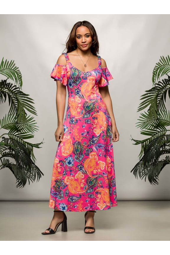 Paisley Cold Sholder Ruffle Sleeve Maxi Dress