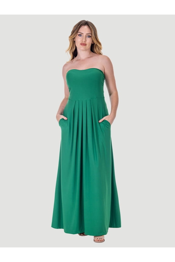 Pleated A Line Strapless Pocket Maxi Dress