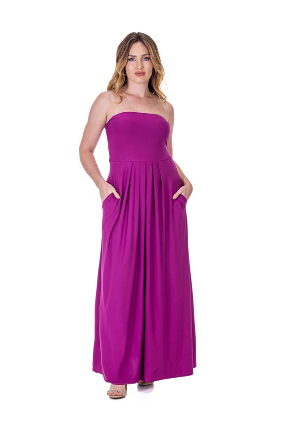 Pleated A Line Strapless Pocket Maxi Dress