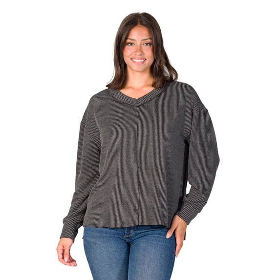 Women's 24Seven Comfort Apparel Relaxed Fit Ribbed V Neck Sweater Top Color: Black Size: SMALL