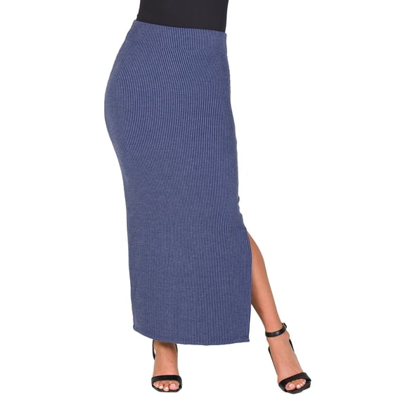 Women's 24Seven Comfort Apparel Ribbed Knit Side Slit Elastic Waist Maxi Skirt Color: Blue Size: LARGE