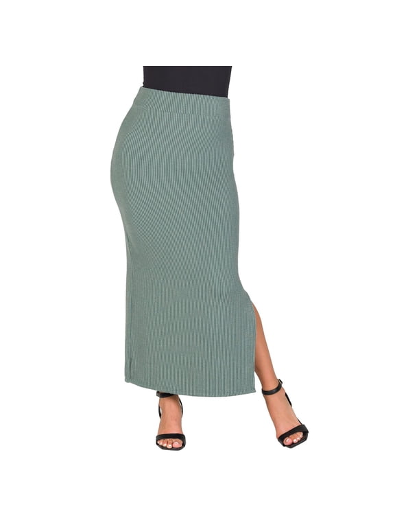 Women's 24Seven Comfort Apparel Ribbed Knit Side Slit Elastic Waist Maxi Skirt Color: Green Size: LARGE