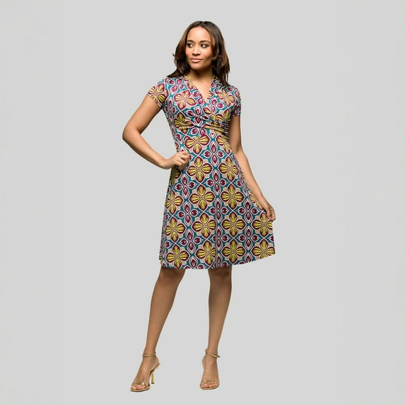 Women's 24Seven Comfort Apparel Short Sleeve Knee Length V-Neck Wrap Dress Color: Yellow Multi Size: MEDIUM