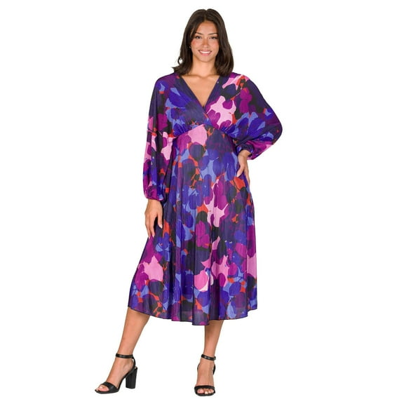 Women's 24Seven Comfort Apparel V-Neck Empire Waist Bishop Sleeve Midi Dress Color: Purple Multi Size: MEDIUM
