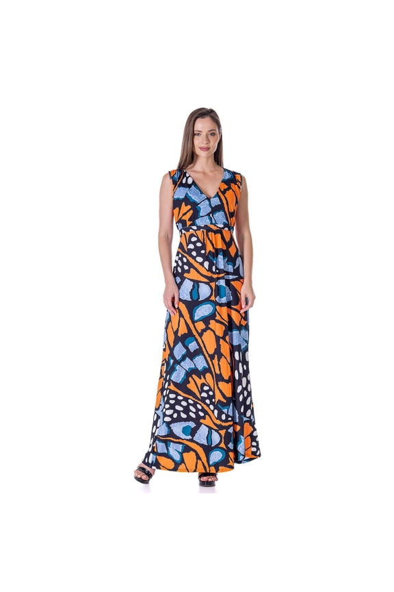 Women's 24Seven Comfort Apparel V Neck Tie Back Empire Waist Sleeveless Maxi Dress Color: Orange Multi Size: X LARGE