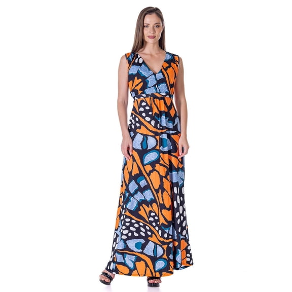 Women's 24Seven Comfort Apparel V Neck Tie Back Empire Waist Sleeveless Maxi Dress Color: Orange Multi Size: X LARGE