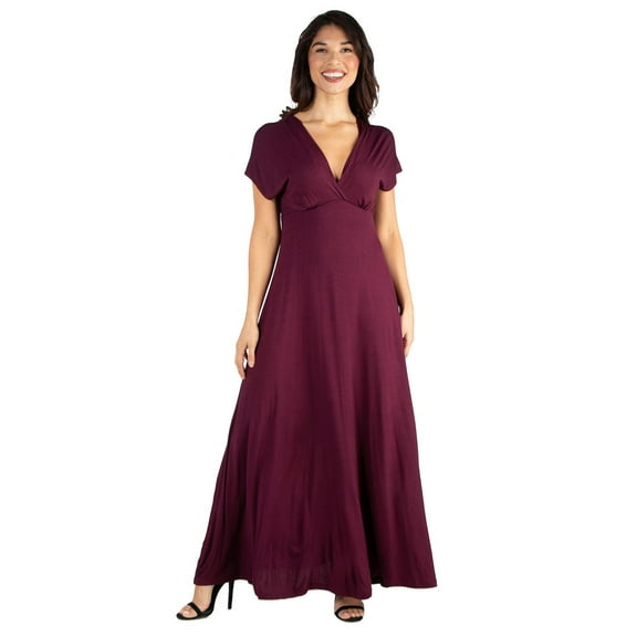Women's 24seven Comfort Apparel Cap Sleeve V-Neck Maxi Dress Color: Red Size: MEDIUM