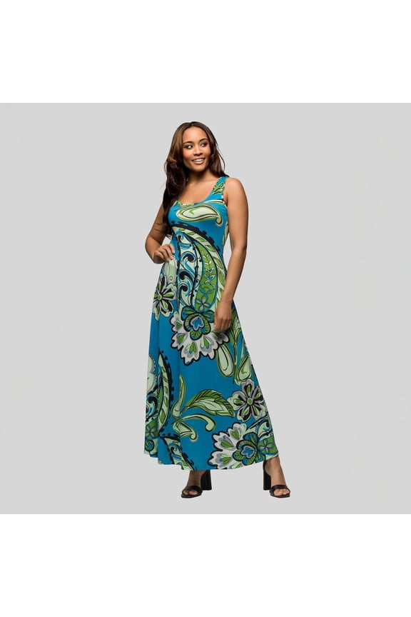 Women's 24seven Comfort Apparel Paisley Print Scoop Neck A-Line Sleeveless Maxi Dress Color: Blue Multi Size: SMALL