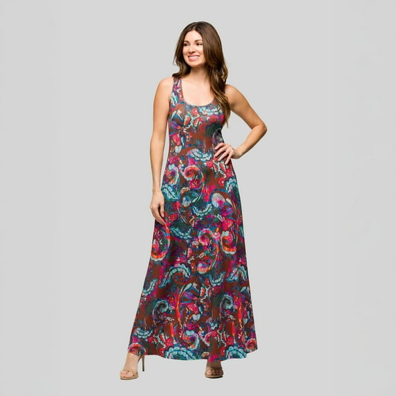 Women's 24seven Comfort Apparel Paisley Print Scoop Neck A-Line Sleeveless Maxi Dress Color: Brown Multi Size: LARGE