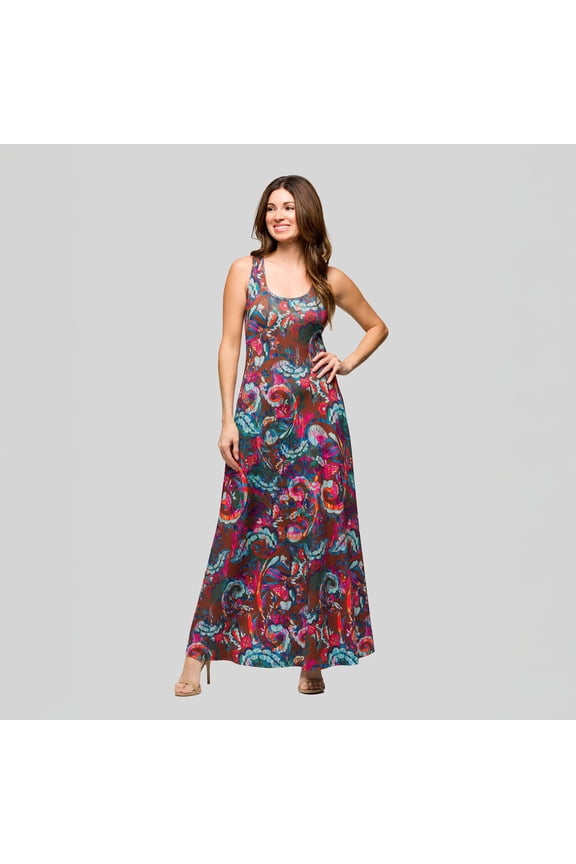 Women's 24seven Comfort Apparel Paisley Print Scoop Neck A-Line Sleeveless Maxi Dress Color: Brown Multi Size: MEDIUM