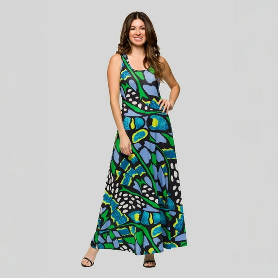 Women's 24seven Comfort Apparel Paisley Print Scoop Neck A-Line Sleeveless Maxi Dress Color: Green Multi Size: 1X