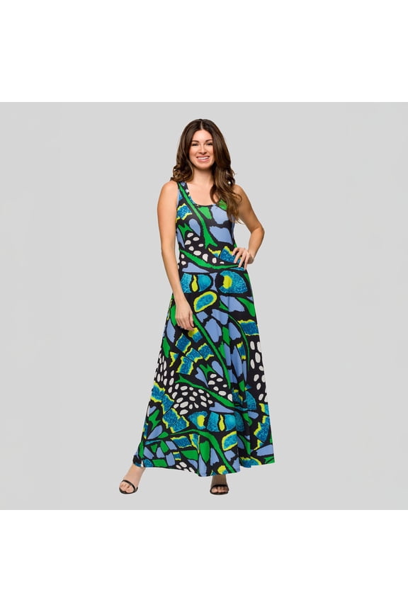 Women's 24seven Comfort Apparel Paisley Print Scoop Neck A-Line Sleeveless Maxi Dress Color: Green Multi Size: MEDIUM