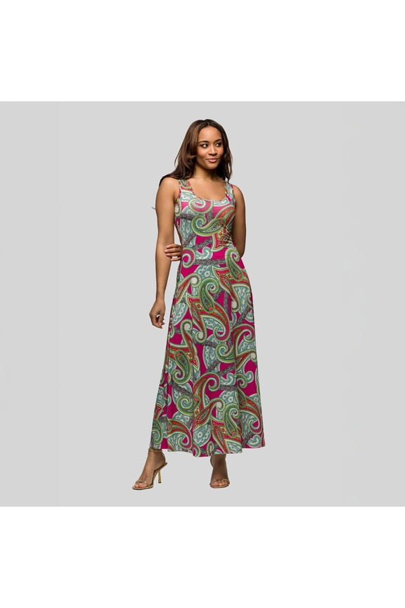 Women's 24seven Comfort Apparel Paisley Print Scoop Neck A-Line Sleeveless Maxi Dress Color: Pink Multi Size: 1X