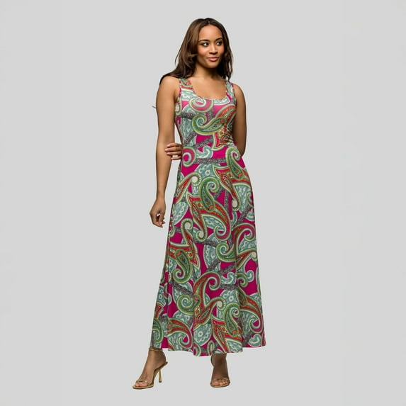 Women's 24seven Comfort Apparel Paisley Print Scoop Neck A-Line Sleeveless Maxi Dress Color: Pink Multi Size: MEDIUM