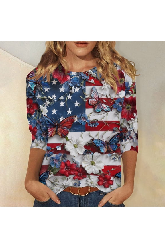 Women's 250 Anniversary USA 3/4 Sleeve Shirt, 4th of July American Flag Tops, Plus Size Softest Crew Neck Patriotic Blouses for Women