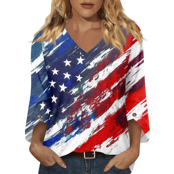 Women's 250 Anniversary USA Shirt American Flag Print 3/4 Sleeve Tops Vintage V-Neck 4th July Patriotic Loose Blouses Summer Casual Outfits