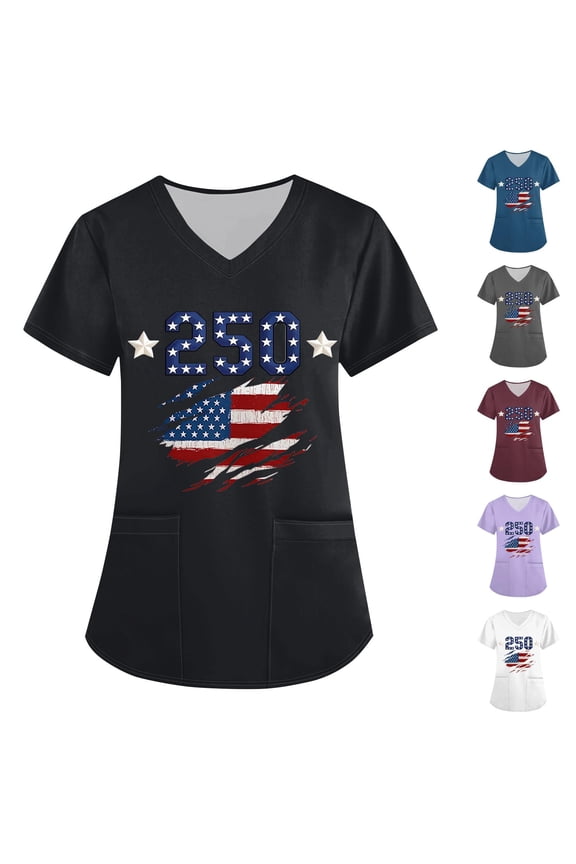 Women's "250" Star-Filled Number V-Neck Tee with Ripped American Flag Graphic and Dual Front Pockets, Bold Design for Active Days or Casual Hangouts Red S