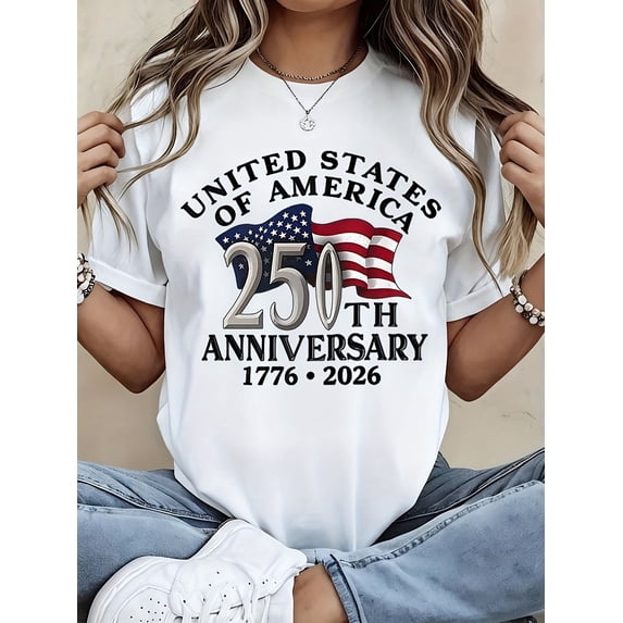 Women‘s 250 Year USA Anniversary Creative Trendy Short Sleeve Crew Neck T-Shirt, Breathable Soft Fabric Comfortable Outdoor Summer Beach Vacation Daily Everyday Fashion