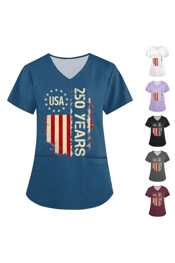 Women's "250 Years" Vertical Text V-Neck Tee with "USA" Star Circle and Distressed Flag, Dual Front Pockets for Practical Style, Perfect for Nurse Shift Teacher Duty Red L
