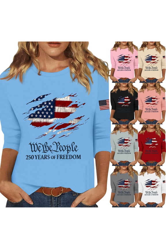 Women's 250Th Anniversary USA Shirt American Flag Freedom We The People Shirts, Freedom Shirt 3/4 Sleeve American Flag Tshirt Crewneck Pullover Tops Casual Tunic Blouse Fashion Tee Shirt Gray S