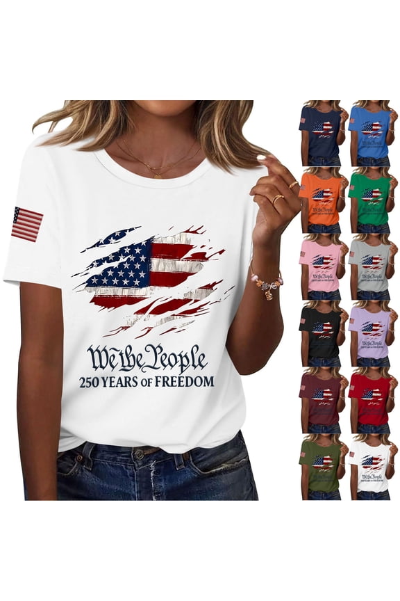 Women's 250th America Anniversary Casual Printed Crew Neck T-Shirt, USA Flag Tee 250 Years of Freedom Shirt, American Flag Print Sweatshirt Pink S