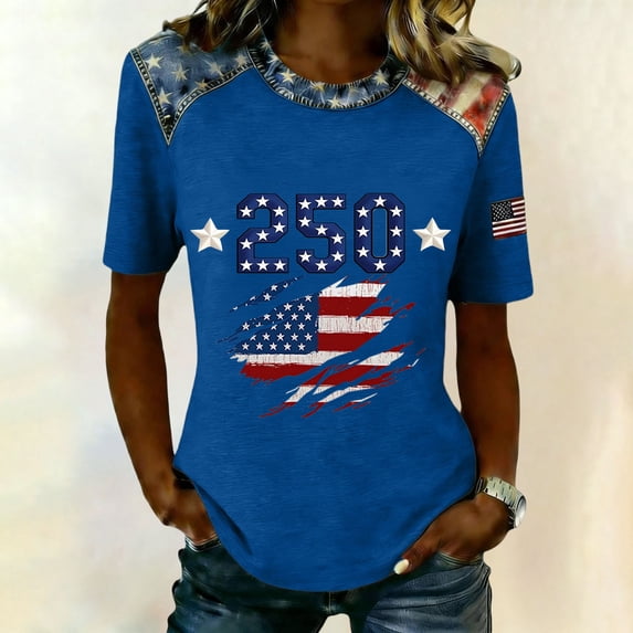 Women's 250th America Anniversary Casual Printed Crew Neck T-Shirt USA Flag Tee 250 Years of Freedom Shirt