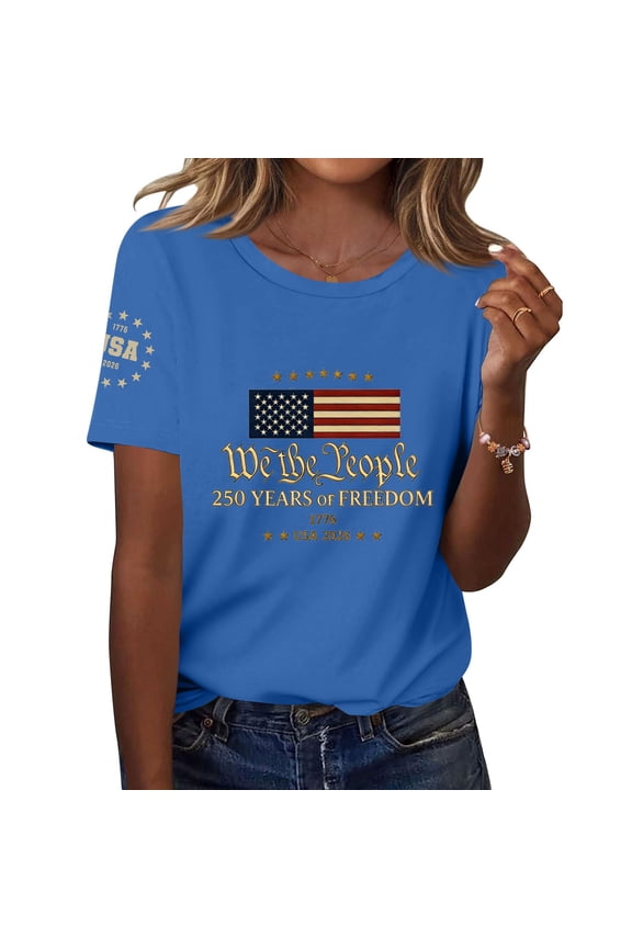 Women's 250th America Anniversary Casual Printed Crew Neck T-Shirt USA Flag Tee 250 Years of Freedom Shirt