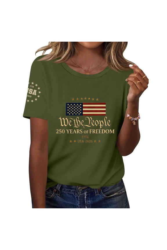 Women's 250th America Anniversary Casual Printed Crew Neck T-Shirt USA Flag Tee 250 Years of Freedom Shirt