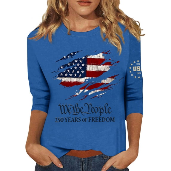 Women's 250th America Anniversary Casual Printed Crew Neck T-Shirt USA Flag Tee 250 Years of Freedom Shirt