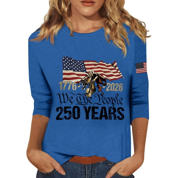 Women's 250th America Anniversary Independence 250 Years of Freedom 3/4 Sleeve Crew Neck T-Shirt