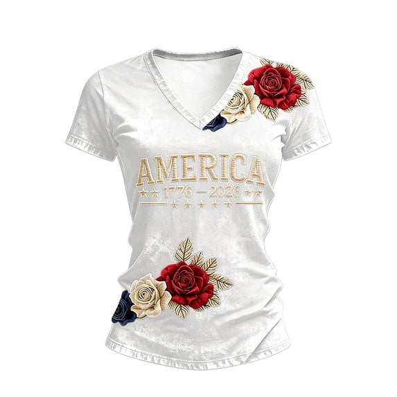 Women's 250th Anniversary America 1776-2026 T-Shirt, Floral Rose Print V Neck Short Sleeve Tee, Patriotic 4th of July Casual Tops for Independence Day