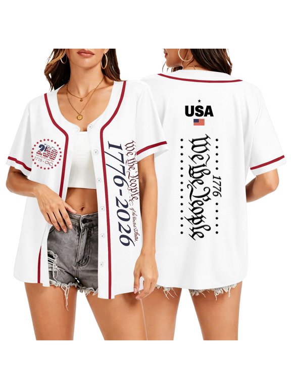 Women's 250th Anniversary Independence Day Baseball Jersey, Patriotic American Flag Button Up Jersey Shirt, USA Stars and Stripes V-Neck Summer Top, Casual Short Sleeve Sporty Apparel