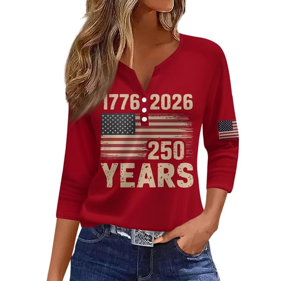 Women's 250th Anniversary Patriotic Henley Shirt 3/4 Sleeve V Neck Button Down USA Flag Tee Tops